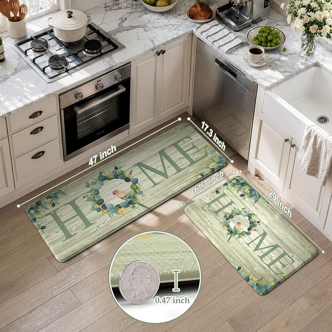 KIMODE Anti Fatigue Kitchen Mats for Floor 2 Piece,Farmhouse Spring Rugs Non Slip,Cushioned Memory Foam Carpet for Sink Laundry Office Bathroom,Green 17"x47"+17"x29"
