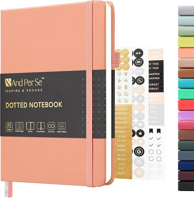 &And Per Se Dotted Journal Notebook, A5 Hardcover Aesthetic Dotted Notebook – 160 Pages 100gsm Thick Dot Grid Paper, 3 Sticker Sheets – Gift-Ready Journaling Kit for Women (Peach Pink)