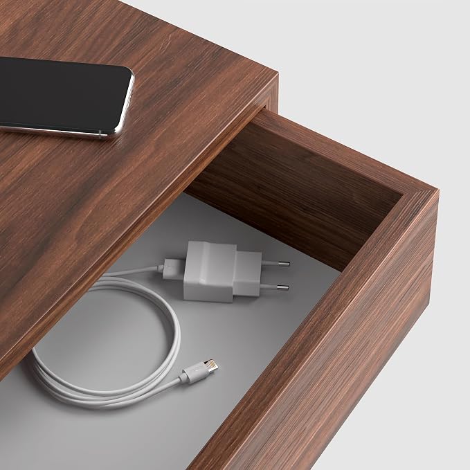 Mobili Fiver, Riccardo Floating nightstand, Walnut, 17.7" x 9.8" x 6.1 ", Melamine-Finished, Modern Bedside Table, End Table, Italian Furniture