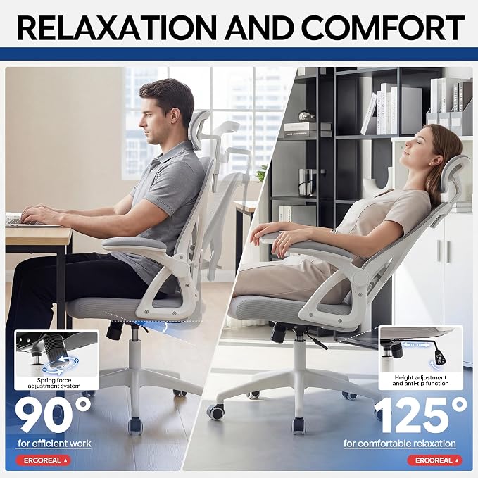 Ergonomic Office Chair–Mesh Computer Chair with Adjustable Lumbar Support, 2D Headrest, Foldable Armrests&Class 3 Gas Lift–Comfortable Home Office Desk Chair for Long Sitting,400 lbs (Gray)