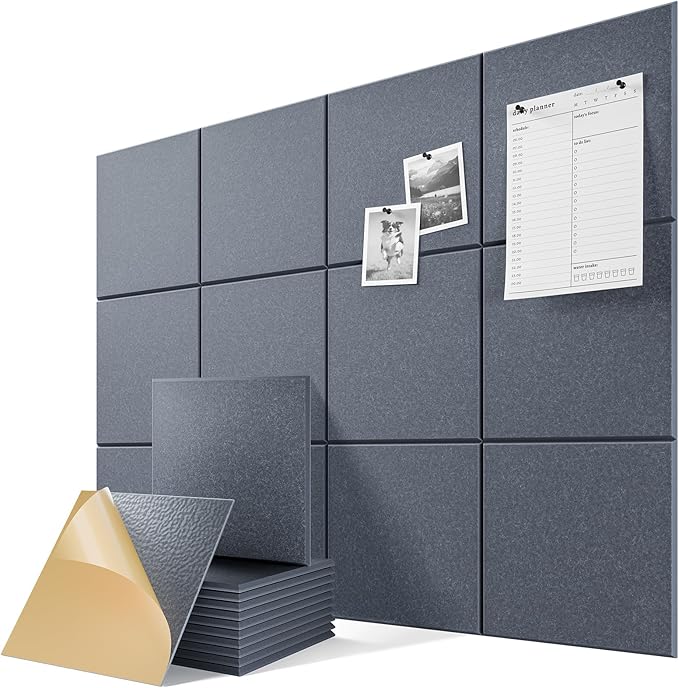 6-Pack Self-Adhesive Acoustic Panels, 12" X 12" X 0.4" High-Density Sound Proof Foam Panels for Walls, 36" x 24" Felt Bulletin Board, Soundproof Wall Panels for Home & Office (Dark Gray)