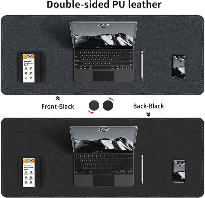 Bleswin Multifunctional Large Desk Mat, Double Sided Computer Desk pad, Extended Mouse Mat, Office Desk Protector with Waterproof PU Leather, 35.4''×16.9'', Office Home Writing Pad (Black+Black)