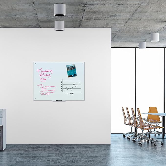 U Brands White Frosted Glass Magnetic Dry Erase Board with Shag Eraser, Markers, and Magnets, Frameless, 18" Tray, 48" x 36"