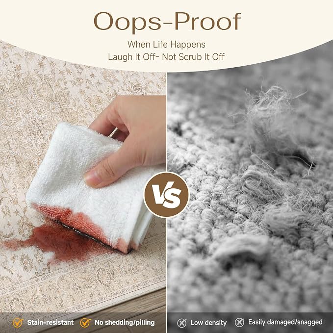 PureCozy 9x12 Area Rug Washable Neutral Beige Brown Vintage Living Room Bedroom Carpet Non Slip Low Pile Soft Floral Indoor Large Throw Rug for Dining Room Office