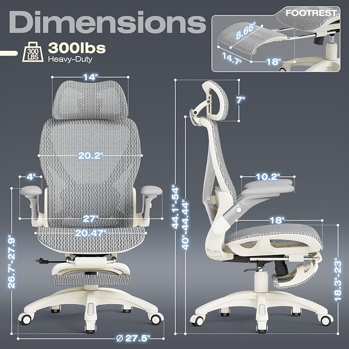 ELABEST X100 Ergonomic Mesh Office Chair with Footrest, Big and Tall Home Desk Chair with 5D Flip-Up Arms, Adjustable 3D Lumbar Support, Gaming & Executive Computer Chair, First Light