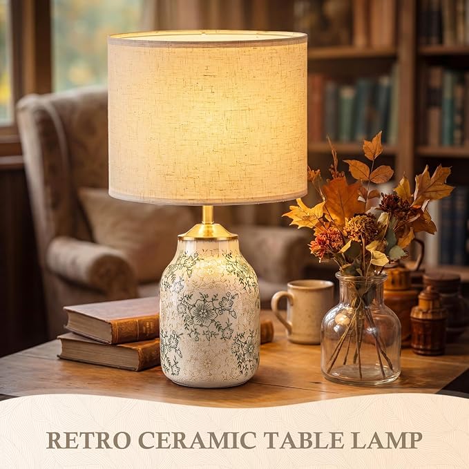 Tellingyou 1 Pcs 21" Farmhouse Green Ceramic Lamp with Beige Linen Shade Vintage Table Lamp Ice Cracked Chrysanthemum Floral for Bedroom Living Room Office Dorm Desk Table Rocker, Bulbs Not Included