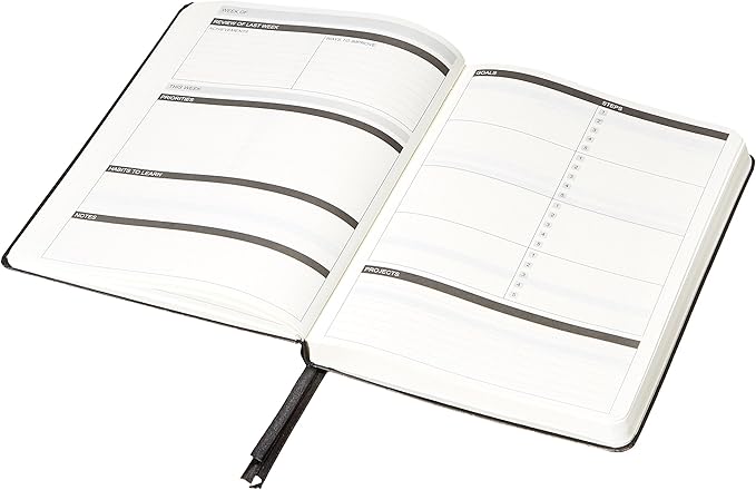 Amazon Basics Daily Planner and Journal, Weekly and Monthly, Undated, Productivity Organization with Goals, Hardcover, 5.8" x 8.25", Black