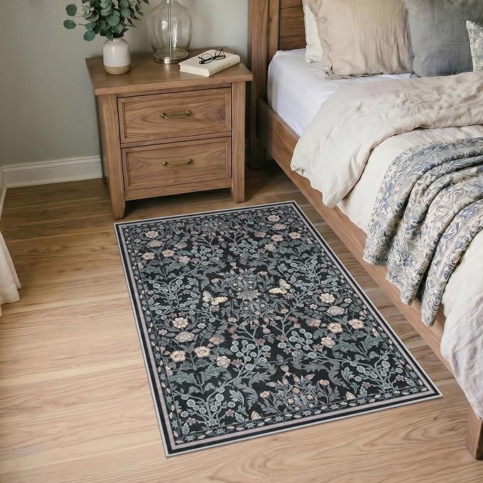 Puino Washable Entryway 3x4 Rug: Small Rugs for Indoor Entrance Vintage Floral Non Slip Backing Door Mat Low Pile Stain Resistant Carpet for Bedroom Kitchen Bathroom Bedside Dark Botanical