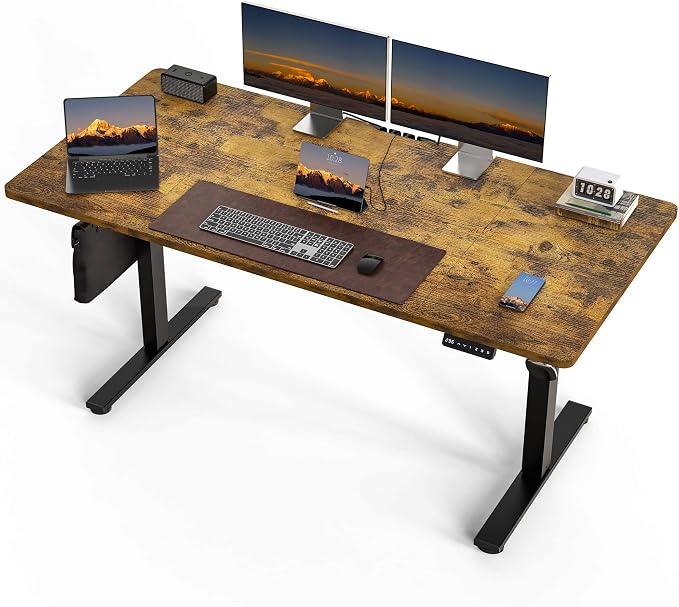 Electric Standing Desk, 63 x 30 Inch, Rustic Brown | Extra Large Desktop, Adjustable Height, Sit to Stand, Home Office Workstation, Supports Dual & Triple Monitor