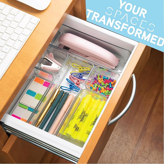primebox Six Pieces - Clear Plastic Drawer Organizer Bins - Stackable, Non-Slip, 3 Sizes