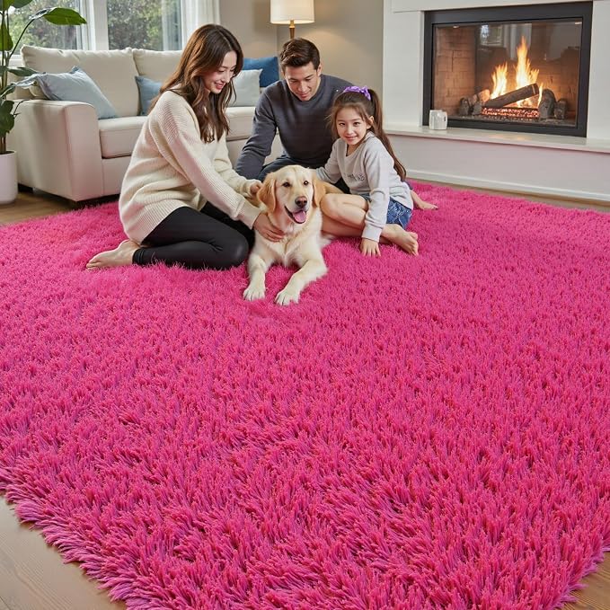 Area Rugs 9x12 Living Room, Large Area Rug Shaggy Carpet Soft Plush Furry Bedside Rug, Machine Washable Area Rugs for Bedroom Home Decor Non-Slip(9 x 12, Hot Pink)