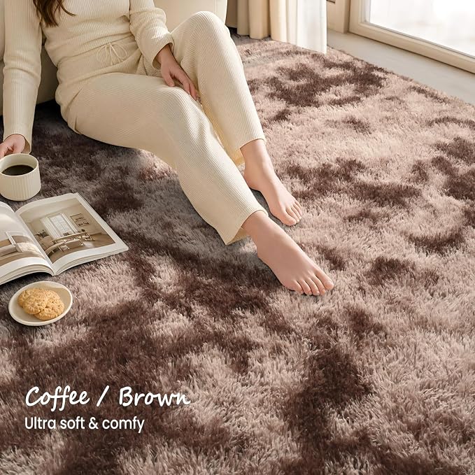 Zentavio Area Rugs for Living Room Rugs for Bedroom 4x6 Soft Carpet Fluffy Furry Shag Aesthetic Plush High Pile Gray Throw Rug for Nursery Kids Room Dorm Tie-Dyed Coffee