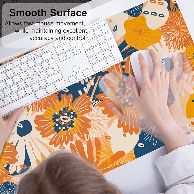 QiyI Large Desk Pad, Floral Mouse Pad Desktop Decor, Waterproof PU Leather Desk Cover Protector, Desk Accessories for Office Home Work Writing Gaming 31.5" x 15.7" - Orange Blue Flowers
