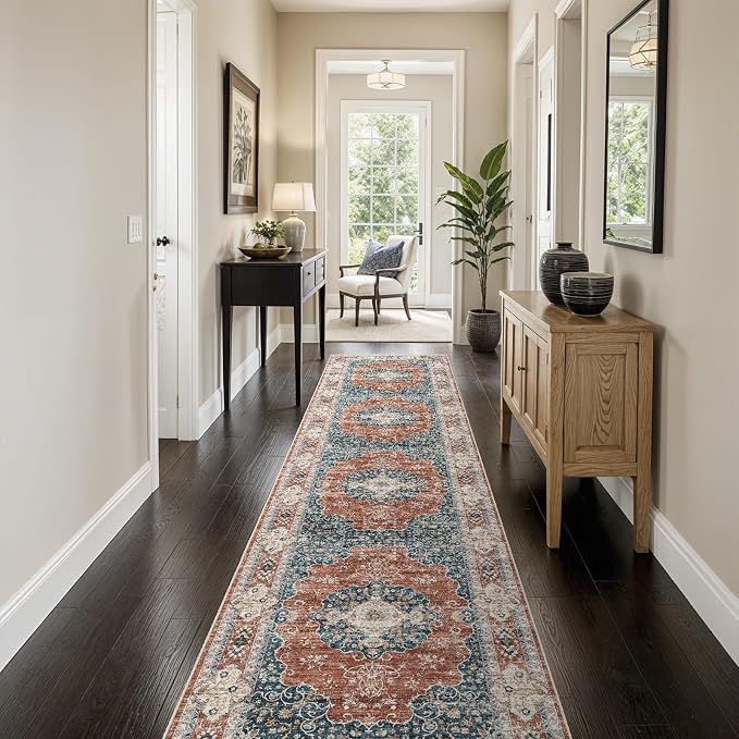 3x12 Washable Hallway Runner Rug:Oriental Indoor Kitchen Rugs Vintage Door Mat Non Slip with Rubber Backing Low Pile Thin Carpet for Bedroom Bathroom Living Room Bedside (3x12 Brick/Blue)