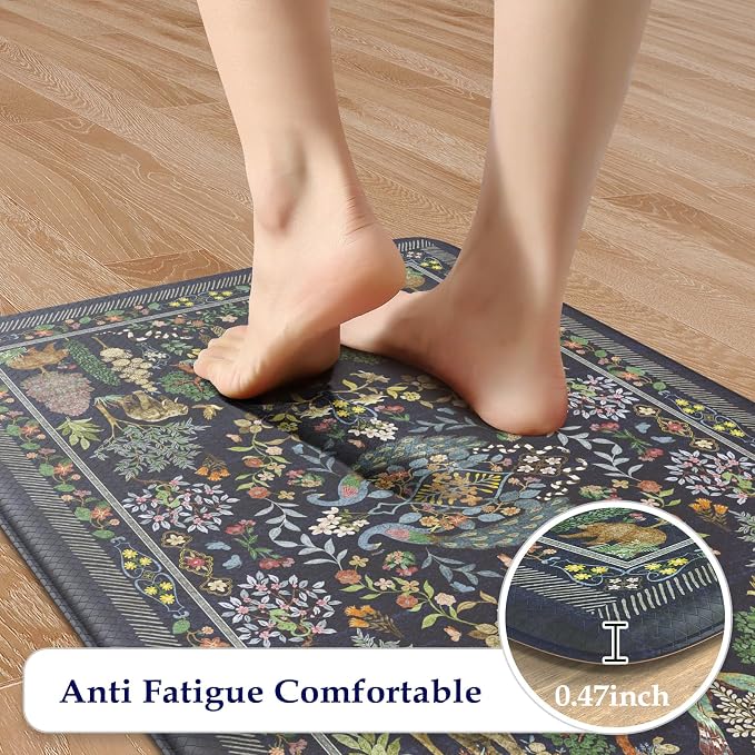 KIMODE Anti Fatigue Kitchen Mats for Floor 17"x47"+17"x29", Dark Blue Vibrant Floral Kitchen Rugs, Non Slip Waterproof Kitchen Floor Mats, Comfort Standing Mats for Laundry Office Sink Desk
