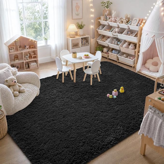 Zentavio Black Area Rugs for Living Room Bedroom 4x6 Men Room Carpet Fluffy Furry Shag Aesthetic Plush High Pile Floor Rug for Nursery Kids Room Dorm Home Decor