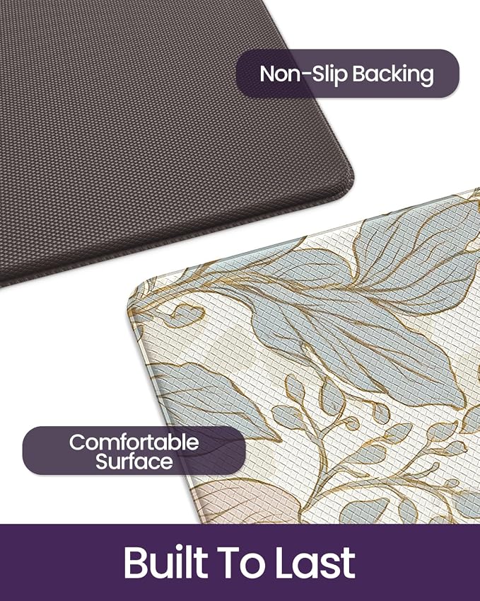 DEXI Kitchen Mats for Floor, 17x59, Cushioned Standing Mat Anti Fatigue, Waterproof Comfort Floral Padded for Laundry Room Office, Blue