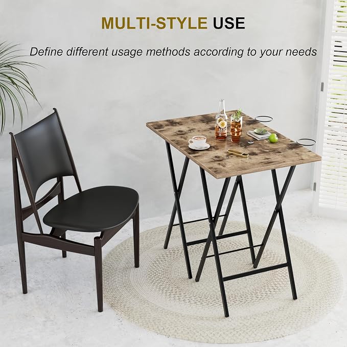 VECELO Folding TV Tray for Eating Set of 2, Portable Dinner/Snack Table with Cup Holder for Couch, Living Room and Small Space, Rustic Brown