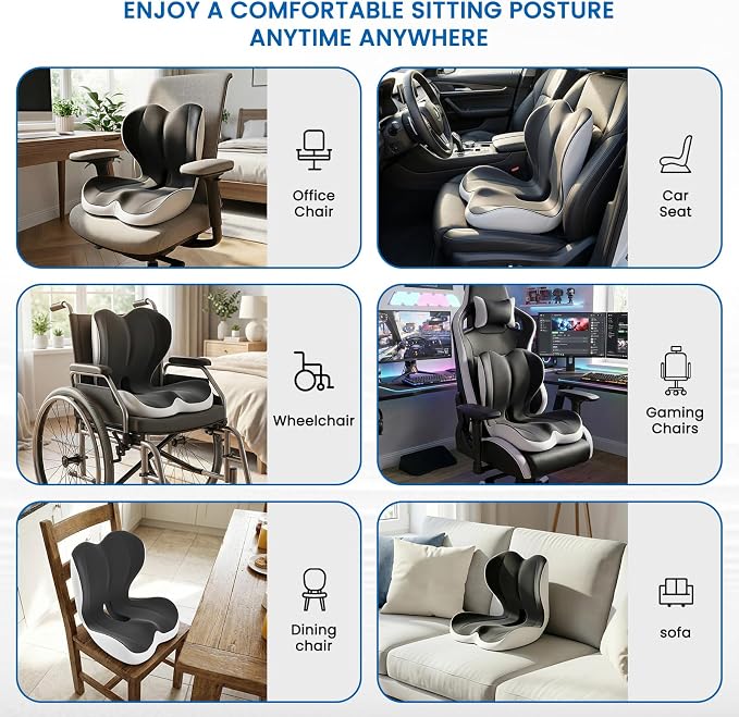 Car Seat Cushion Reducing Sciatica Pressure, Back & Tailbone Comfort | Hollow Design for Coccyx, Double-Sided Anti-Slip, Ergonomic Memory Foam Lumbar Cushion, Suitable for Long Sitting, 2PCS