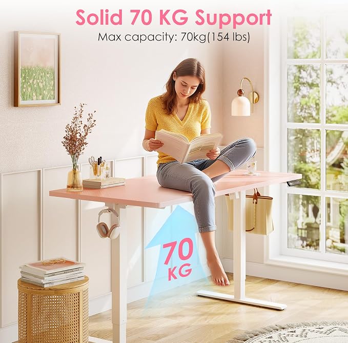OffiGo 48" Pink Electric Standing Desk Height Adjustable for Home Office | 3 Memory Presets, Rear Cable Notch, Dual Side Hooks, Stand Up Desk for Bedroom, Study room, Home Office and Vanity Space