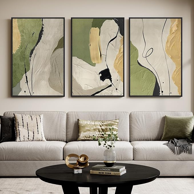 Large Framed Sage Green Abstract Wall Art for Living Room, 3 Piece Modern Canvas Prints Paintings Artwork for Walls, Gray Yellow Minimalist Pictures Wall Decor for Bedroom Dining Room Office, 24x36 In