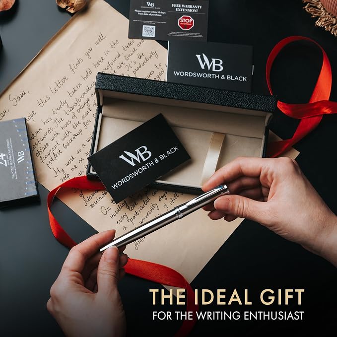 Wordsworth & Black Fountain Pen Set, Fine Nib, Includes 24 Pack Ink Cartridges, Ink Refill Converter & Gift Box, Chrome Finish Finish, Calligraphy, [Silver Chrome], Perfect for Men & Women