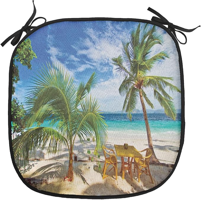 Lunarable Coastal Chair Cushion Pads Set of 2, Dining in Beach Under The Sun Rays Palm Trees Shadows Shades Vacation Image, Anti-Slip Seat Padding for Kitchen & Patio, 16"x16", Green Blue Ivory