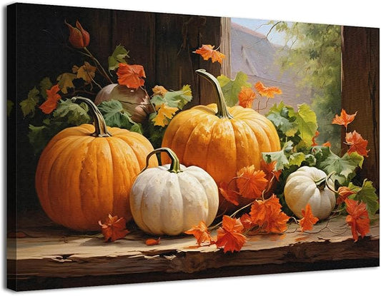 Vintage Pumpkin Canvas Wall Art Fall Pictures Halloween Maple Leaf Autumn Decor Thanksgiving Wall Prints Rustic Framed Wall Decor Modern Artwork for Living Room Kitchen Bedroom Home Decorations 32x48”