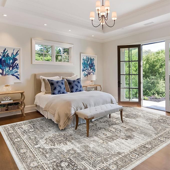 RUUGME Living Room Rugs 10x12 - Soft Area Rugs for Living Room Stain Resistant Carpet Vintage Lightweight Rug for Bedroom with Non Slip Backing Indoor Ultra-Thin Rugs Home Decor 10x12 Grey