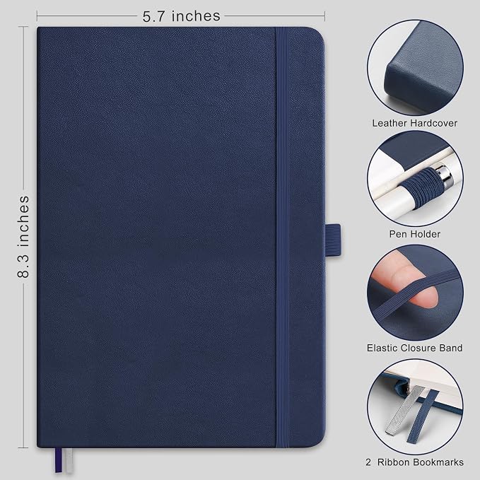 AHGXG Lined Journal Notebook, 160 Numbered Pages, A5 Medium Size (5.7'' x 8.3''), 120 GSM Thick Paper, for Men & Women, Journaling, Writing, Work & Office, Leather Hardcove (Blue)