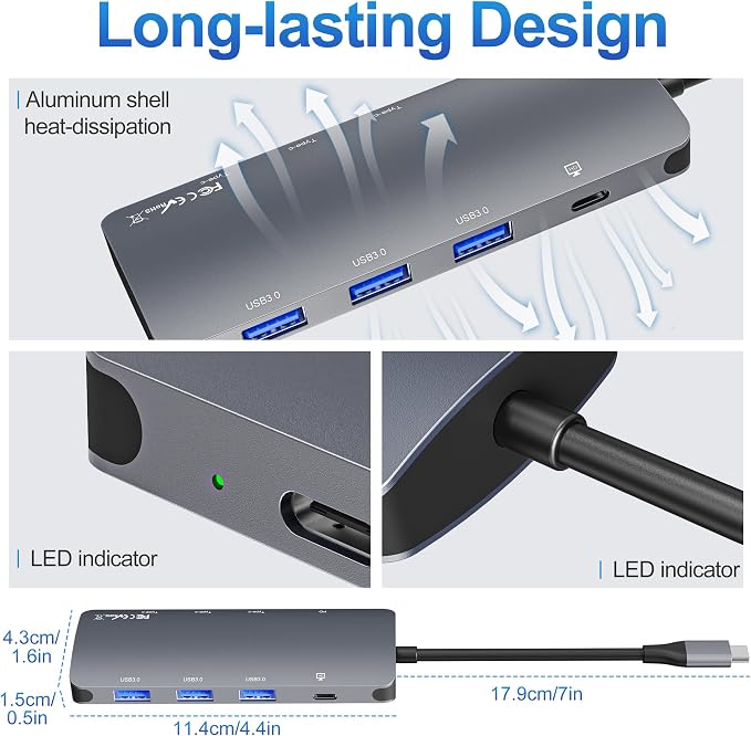 USB C Hub 10Gbps, USB C Splitter with 4K@60Hz Video Output, 100W Power Delivery Charging, Data Transfer, USB4 Hub Multiport Adapter for MacBook Pro/Air, iPad Pro, Mac mini and More Type C Devices