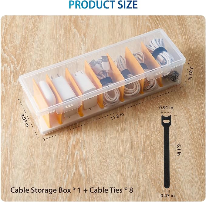 Cable Organizer Storage Box with 8 Cable Ties, Clear Phone Charger Organizer Case Wire Organizers for Cords Electronic Storage Box for Drawer Desk Office Home (1 Pack)