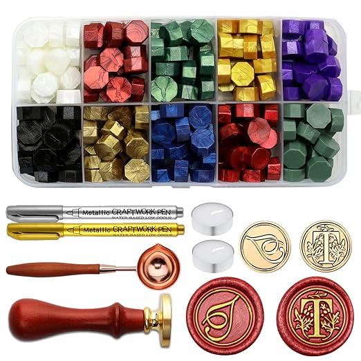 Letter Wax Seal Stamp Kit - Initial Alphabet T Stamp Head 2pcs, Vintage Monogram Stamps Wax Seal Kit with 200pcs Assorted Sealing Beads, Spoon, Metallic Gold Silver Pens