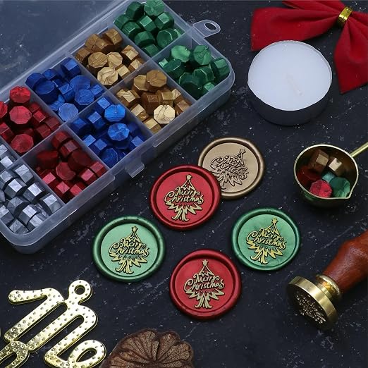 SWANGSA Merry Christmas Tree Wax Seal Stamp Kit with 200pcs Sealing Wax Beads, Great for Embellishment of Christmas Cards, Invitations, Wine Packages, Gift Wraps