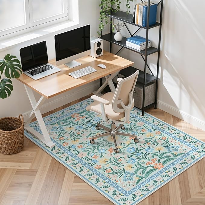 Anidaroel 48"x60" Office Chair Mat for Hardwood Floor/Tile, Anti-Slip Floral Floor Mat for Office Chair, Tea Green Desk Chair Mats for Hardwood, Low Pile Floor Protector for Rolling Chairs
