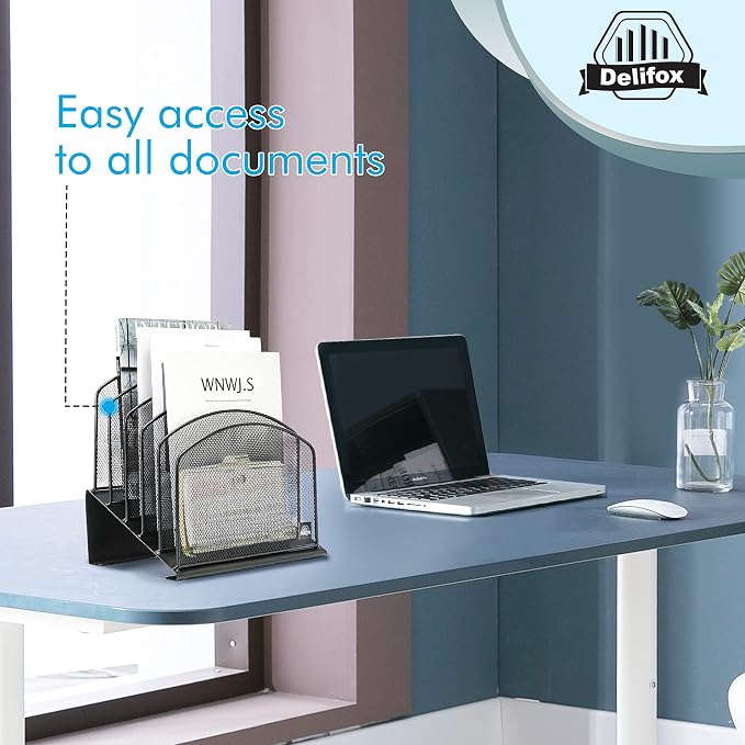 Delifox Inclined Desk File Organizer,Vertical File Folder Holder Stand Metal Rack File Sorter for Office Classroom Desktop Organization