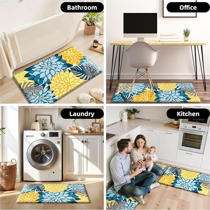 Arenarug Kitchen Mats for Floor 2PCS Cushioned Anti Fatigue Kitchen Mats Waterproof Non Slip Kitchen Rug Set Comfort Foam Standing Mat for Sink, Laundry, Office,17.3" x 28" + 17.3" x 47", Yellow Teal