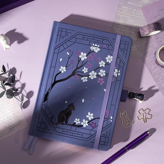 TIEFOSSI A5 Lined Journal, Cute Cat Journal for Women Girls, College Ruled Notebook with Pretty Sakura Pattern, Aesthetic Diary for Writing Journaling Drawing, Golden Edges
