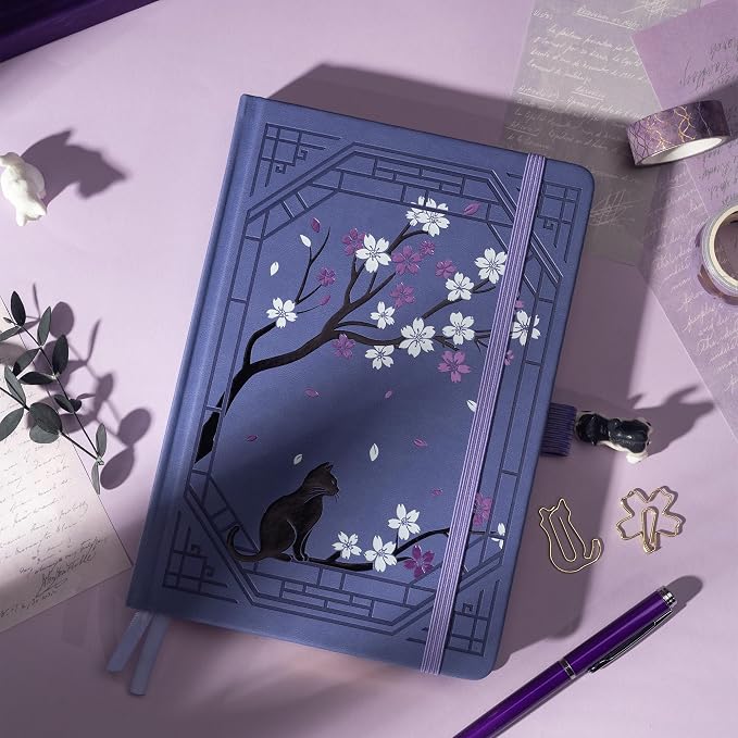 TIEFOSSI A5 Dotted Journal, Cute Cat Journal for Women Girls, Dot Notebook with Pretty Sakura Pattern, Aesthetic Diary for Writing Journaling Drawing, Golden Edges
