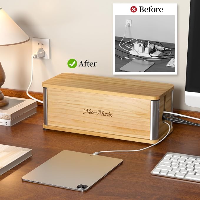 Delamu Wooden Cable Management Box, Retro-Inspired Cord Organizer Box for Home Office, Large Cord Hider Box Hides Floor Cord and Power Strips, Floor Cord Covers, 14.3" x 6.0" x 5.5", Light Wood Color