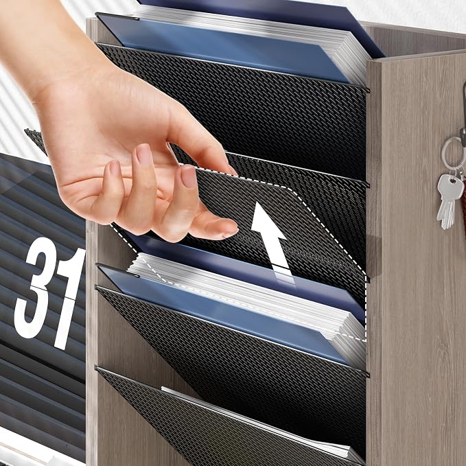 Creso hom Mail Organizer Wall Mounted, Mail Sorter with 2 Key Hooks, 11-Slot File Organizer for Wall or Desk, Wood Letter Holder Envelopes Bills Accessories for Home Office, Greige