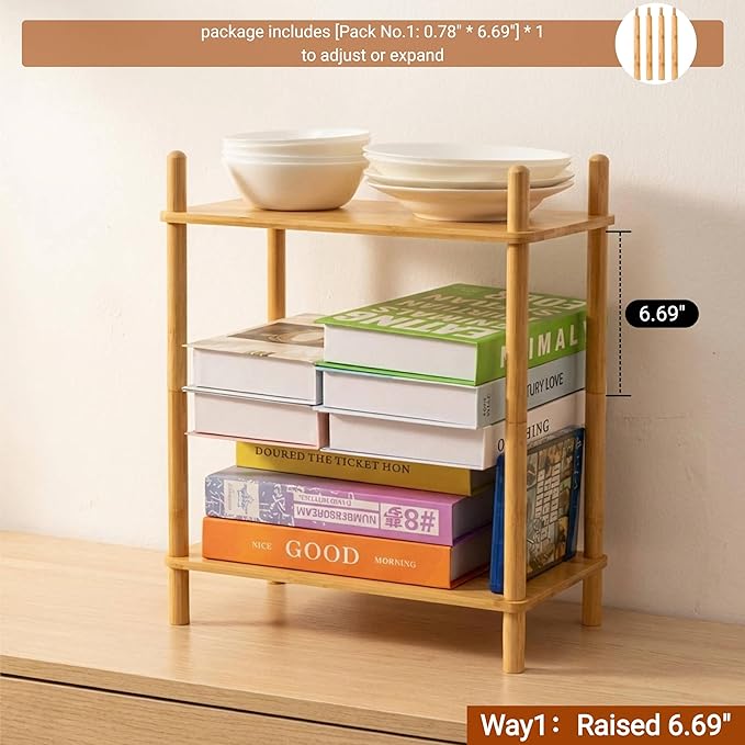 2-Tier Expandable Bamboo Desktop Organizer Shelf Kitchen Cabinet and Counter Riser Display Shelf for Top of Desk Home Office Bathroom Coffee Table Display Stand