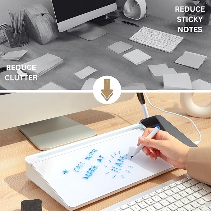 GAROOD Desktop Dry Erase Board with Storage Wireless Charger Desk White Board Desk Board Glass Desktop White Board with Stand Home Office Desk Organizer Phone Holder 15.8X7X2 inches