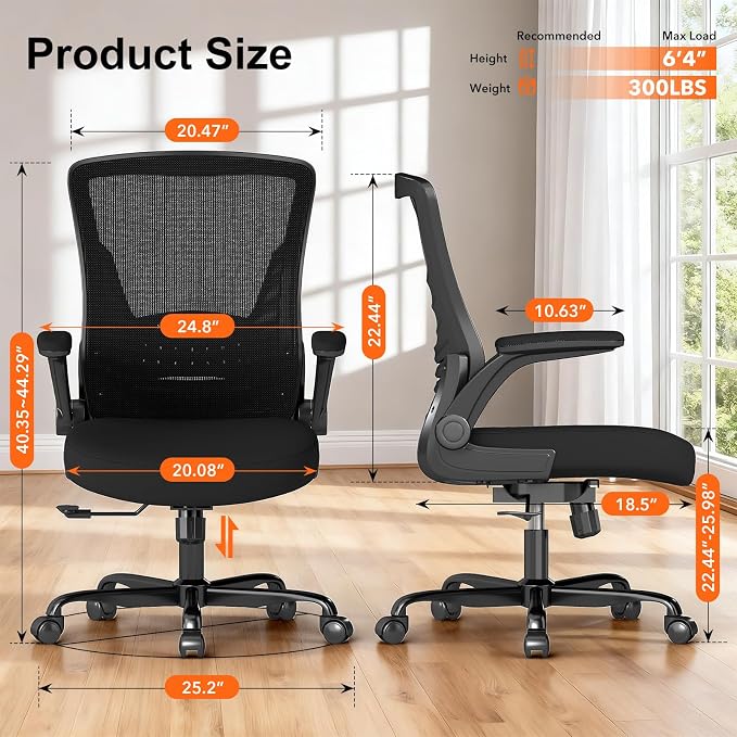 Ergonomic Office Chair – Comfy Mesh Desk Chair with Flip-Up Armrests & Smooth-Rolling Caster, Adjustable Height Home Computer Chair, Breathable & Supportive for Long Hours Sitting
