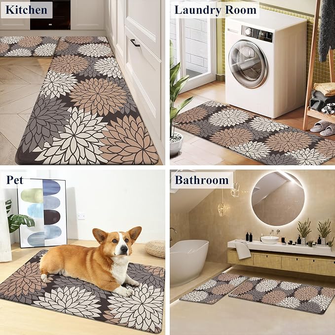 HEBE Anti Fatigue Kitchen Rugs Set of 2, Cushioned Kitchen Mats for Floor | Non Slip Washable Kitchen Runner Rug Set, Floral Stain Resistant Waterproof Comfort Mat Carpet for Sink, Standing Desk