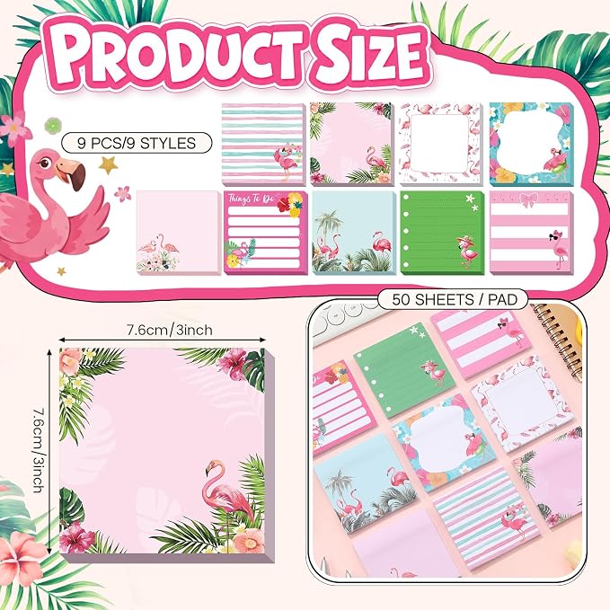 9 Pads Flamingos Sticky Notes 3x3 Inch Cute Self Stick Notepads Notes Adhesive Memo Pad Office Decor Gifts for Students School Teacher Meeting Office Supplies