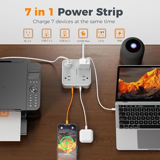 TESSAN Surge Protector Flat Extension Cord 15Ft, Flat Plug Power Strip with 4 Outlets 3 USB Ports (2 USB C), 900 Joules Protection, Multiple Wall Outlet Extender Suitable for Home Office Dorm, Grey
