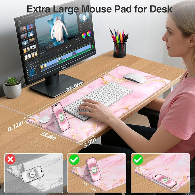 Wireless Charging Mouse Pad with Phone Holder, 31.5"x15.8" in, Pink Marble | Large Desk Mat for Laptop/Keyboard, Waterproof Ultra-Smooth Surface, Non-Slip Base