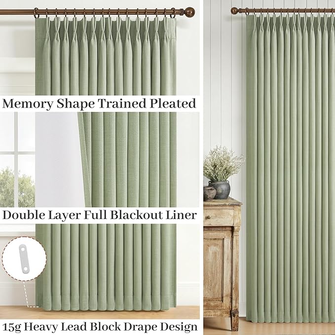 Extra Long Pinch Pleated 108 Inch Floor to Ceiling Curtains for Bedroom 2 Panels Set, Memory Trained Blackout Dual Layer Thick Linen Soundproof Rustic Farmhouse Sage Green Windows Curtain 9 FT Length