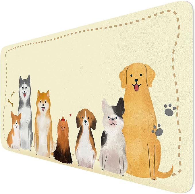 BLESWIN Cut Desk Mat 31.5" x 15.7", Waterproof Leather Desk Mat, Computer Mat for Keyboard or Mouse, Desk Mousepad Non-Slip Writing Pad Leather Blotter, Laptop Desk Pad (31.5" x 15.7", Puppies)